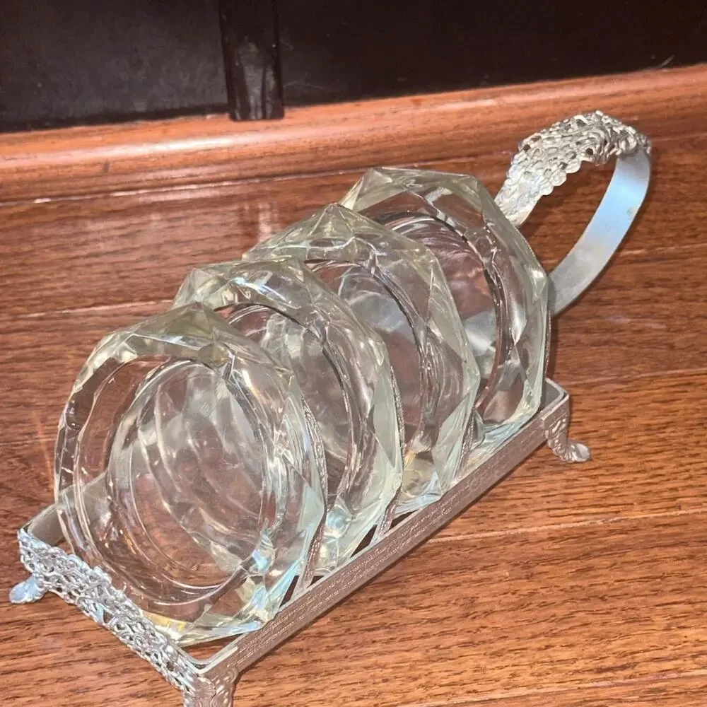 Vintage Mid Century Glass Ashtray & Caddy Set Floral-Like New